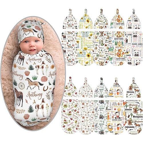 Personalized Horse Swaddle Blanket Boy Girl Newborn Essentials,Custom Baby Horse Swaddle Blanket and Hat Set with Name,Customized Gifts