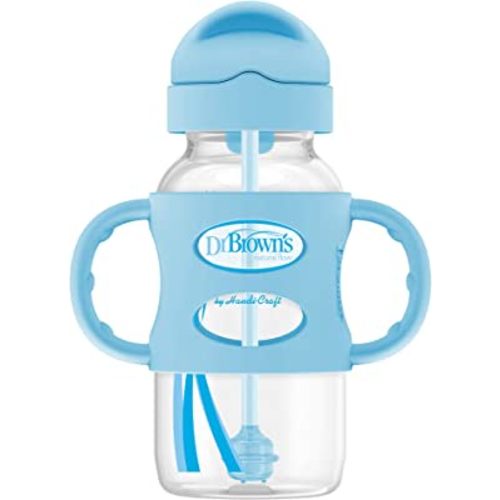 Dr. Brown's Milestones Wide-Neck Sippy Straw Bottle with 100% Silicone Handles and Weighted Straw, 9 oz/270 mL, Blue, 6m+