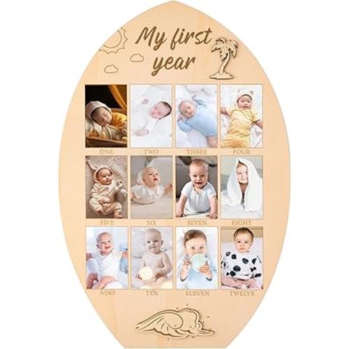 R HORSE My First Year Photo Frame Board - 3D Surfboard Baby First Year Picture Frame 12 Months Milestone Photo Display Wood Board Birthday Nursery Decor Baby Keepsake Gift for Boy Girl