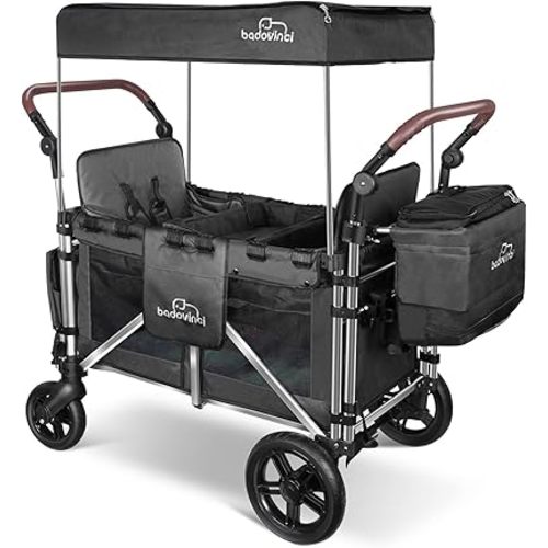Stroller Wagon for 2 Kids, Wagon Cart Featuring 2 High Seat with 5-Point Harnesses and Adjustable Canopy, Foldable Push-Pull Rod Wagon Stroller for Garden, Stroller, Camping, Grocery Cart