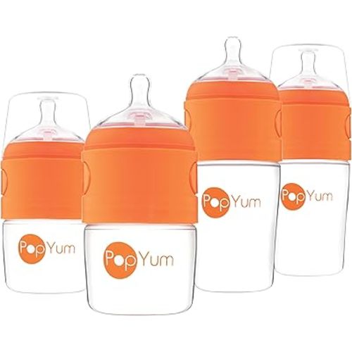 PopYum Orange Formula Making Baby Bottle Starter Set, 4 Bottles, 2X 5oz Bottles with #1 Slow Flow Nipples + 2X 9oz Bottles with #2 Medium Flow Nipples