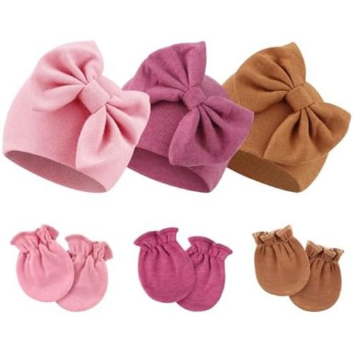 BQUBO Newborn Baby Hospital Hats Beanie Bow Infant Caps Baby Cotton No Scratch Mittens Set for 0-6 Months