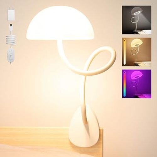 Shroommate Clip On Light and Bed Headboard Lamp, Bedside Table Lamp for Dorm, College Dorm Room Essentials, Night Light for Kids Nursery, Clip on for Desk, MultiColor LEDs, Adapter Included (White)
