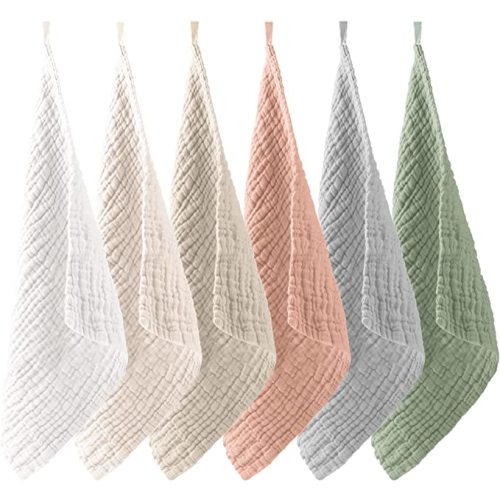 Konssy 6 Pack Baby Muslin Washcloths for Unisex 100% Cotton Wash Cloth Set for Baby Face Body Comfy and Soft for Newborn Infants Kids Girls and Boys - Light Color - 11" x 11" (6 Pack)