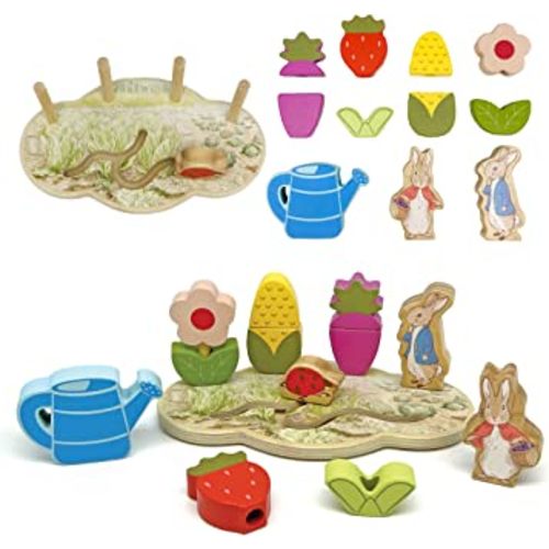 KIDS PREFERRED Peter Rabbit Garden Wooden Montessori Activity Stacker with 12 Wooden Interactive Pieces for Babies, Toddlers and Kids Based on The Beatrix Potter Books