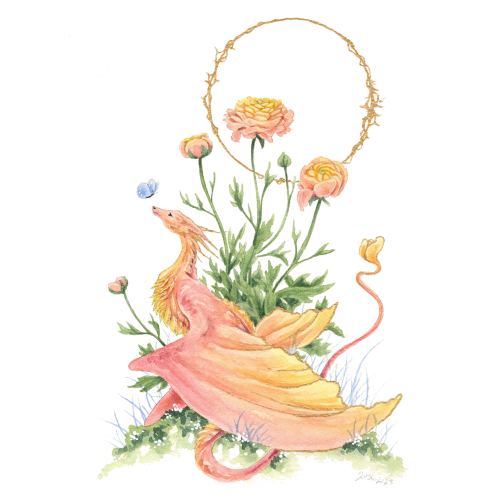 Ranunculus Dragon Watercolor Art Print – Whimsical Fantasy Illustration