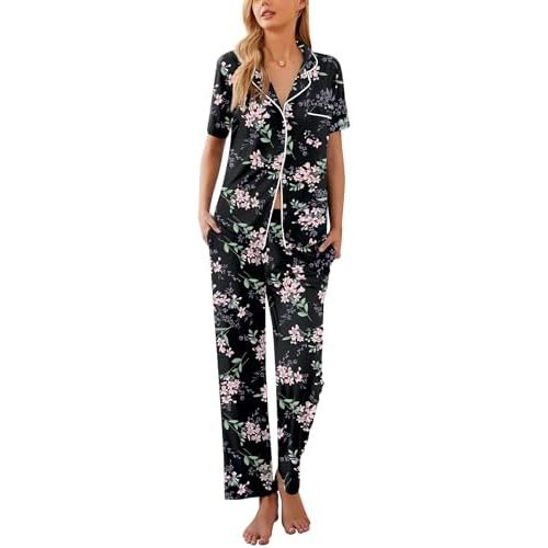 Ekouaer Womens Pajamas Set Plaid PJs Soft Button Down Sleepwear Short Sleeve Nightwear with Long Pants