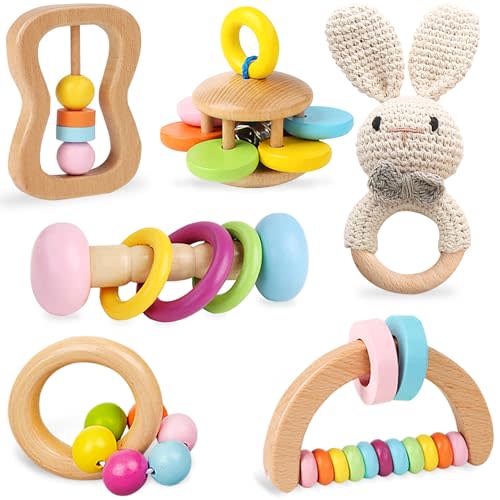 6 PCS Wooden Baby Rattle, Organic Colorful Baby Hand Rattles Set, Wood Rattles for Babies 0-6-12 Months, Wooden Teether Crochet Rattle Toy for Newborn Infant, Montessori Toys for Babies 0-6 Months