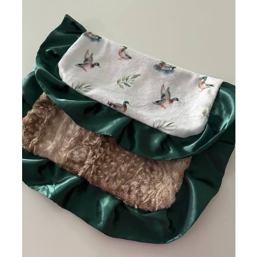 Cute Duck LOVIE BLANKET Mallard Duck Hunting Minky Cappuccino Fawn Backing Emerald Satin Trim Diaper Bag Nursery Baby Boy Baby Shower