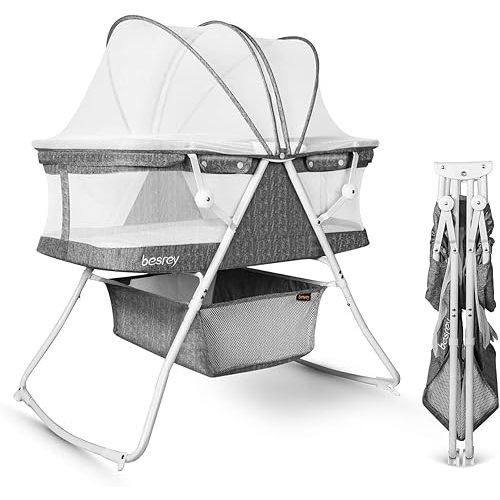 besrey Bassinet for Baby, Portable Baby Bassinets, Rocking Cradle Bed, Easy Folding Bedside Sleeper Crib, Quick-Fold for Newborn Infant, up to 19.8 lb Compact Storage, Mattress and Net Included