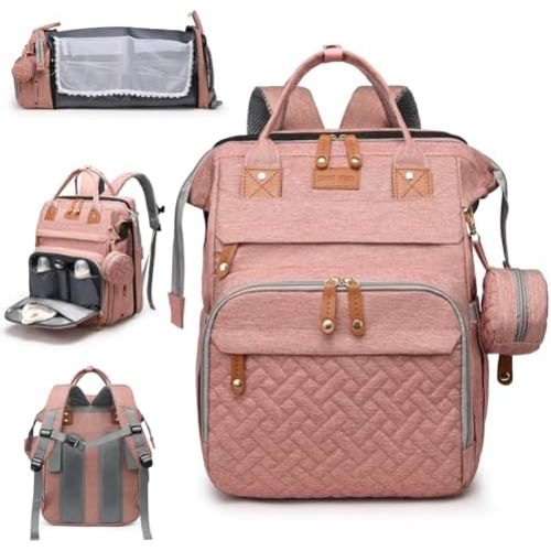 Baby Diaper Bags with Changing Station, Large Capacity Diaper Bag Backpack for Moms Dads with USB Charging Port,Travel Baby Bag with Pacifier Case & Stroller Straps(Up-Pink)