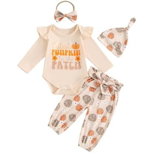Lamuusaa Newborn Infant Baby Girl Halloween Outfit Long Sleeve Romper Pumpkin Long Pants Headband Hat 4Pcs Fall Clothes
