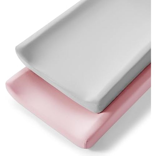 TILLYOU Changing Pad Cover Set in Soft Jersey Material Diaper Changing Table Sheets - Fits 32"/34''x16 Contoured Pad for Babies,Peachy Pink & Lt Gray