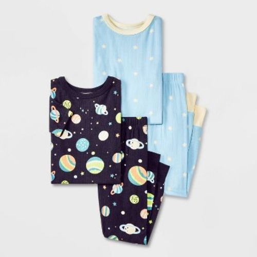 Toddler Boys' 4pc Checkered and Construction Ribbed Pajama Set - Cat & Jack™ Green 12M: Crew Neck, Knit Fabric
