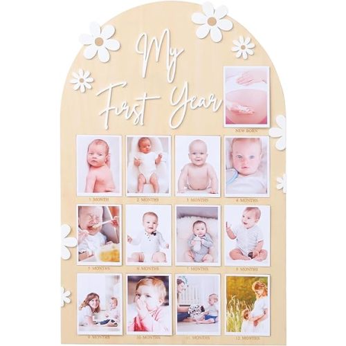 FLHRSM My First Year Photo Frame Board, 1st Birthday Girl Boy Gifts, Newborn Newmom Gift, 1 Year Old Girls Gifts, One Year Birthday Party Decorations, Baby Shower Baptism Favors, 12 Months Milestone