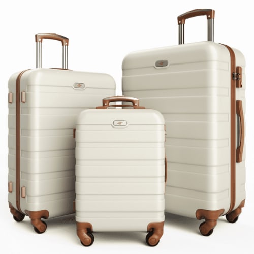 3 Piece Luggage Sets Hard Shell Suitcase Set with Spinner Wheels for Travel Trips Business 20" 24" 28", White-brown