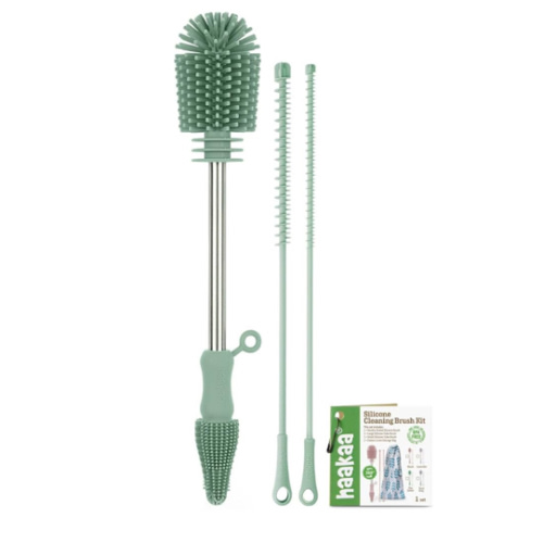 haakaa Silicone Cleaning Brush Kit - Baby Bottle Brush Cleaner for Breast Pump,Nipple,Breast Milk Storage Bag,Reusable Straw,Sippy Cup - Food Grade Silicone Bristles, Portable - 3 Pcs - Pea Green