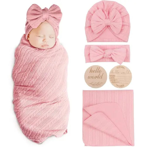 Newborn Receiving Blanket with Bow Hat Headband Wooden Card Set Wheat-Pattern Newborns Toddler Baby Boy Girl Nursery Swaddle Wrap