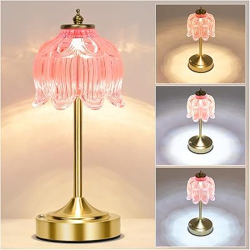 Pink Glass Flower Lamp, Rechargeable Cordless Table Lamp