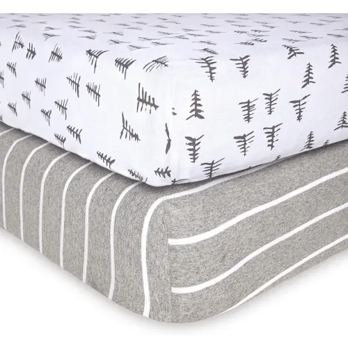 Burt's Bees Baby Fitted Crib Sheet Organic Cotton BEESNUG - Pine Forest and Stripe Prints, Fits Unisex Standard Bed and Toddler Mattress, Infant Essentials, 52 x 28 Inch 2-Packs