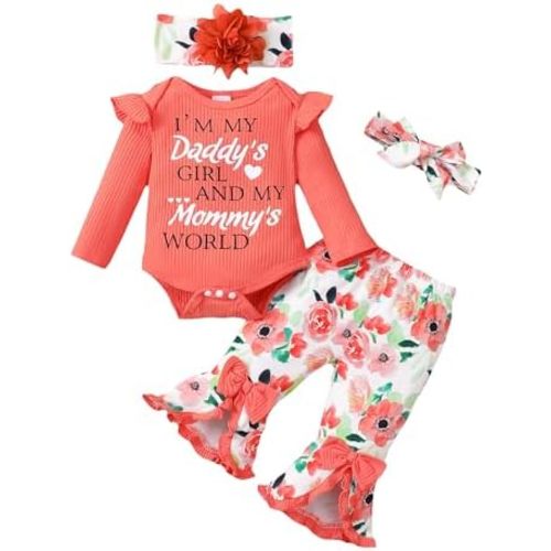 SUNNY PIGGY Newborn Baby Girl Clothes Infant Outfits Romper Floral Fall Outfit Bell Bottoms Pant Sets Hat Headband Flowerpant