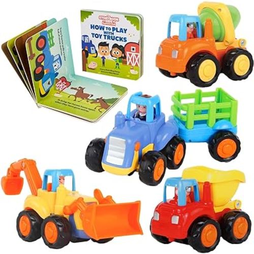 Construction Toy Truck Set for Toddlers Ages 1-4 - Push & Pull Friction Trucks, Matching Book - BPA Free Cars for Boys & Girls