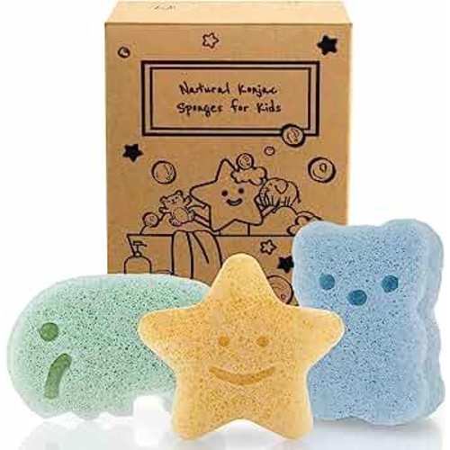 myHomeBody Konjac Baby Sponge for Bathing, Cute Shapes Natural Kids Bath Sponges for Infants, Toddler Bath Time, Natural and Safe Plant-Based Konjac Baby Bath Toys, 3pc. Set: Elephant, Bear & Star