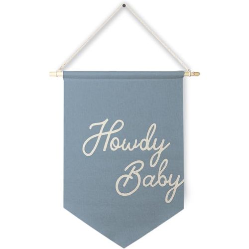 Qpenm Howdy Baby Blue Preppy Wall Hanging Canvas Banner, Western Nursery Decor, Trendy Aesthetic Blue Howdy Hanging Pennant Flag Posters Prints for Cowboy Cowgirl Room Decor