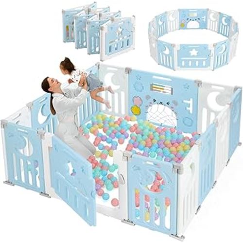 Baby Playpen, Dripex Baby Playard for Babies and Toddlers, 14-Panel Foldable Playpen Adjustable Portable Play Area, Indoor/Outdoor Kids Active Center with Game Panel & Safety Gate, Blue White