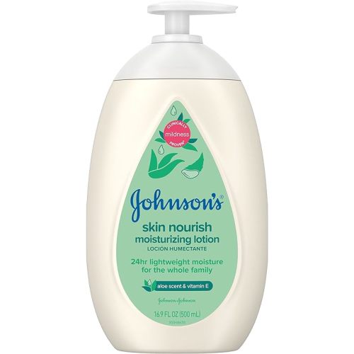 Johnson's Skin Nourish Moisturizing Baby Lotion with Aloe Vera Scent & Vitamin E, Gentle & Lightweight Body Lotion for The Whole Family, Hypoallergenic, Dye-Free, 16.9 fl. oz