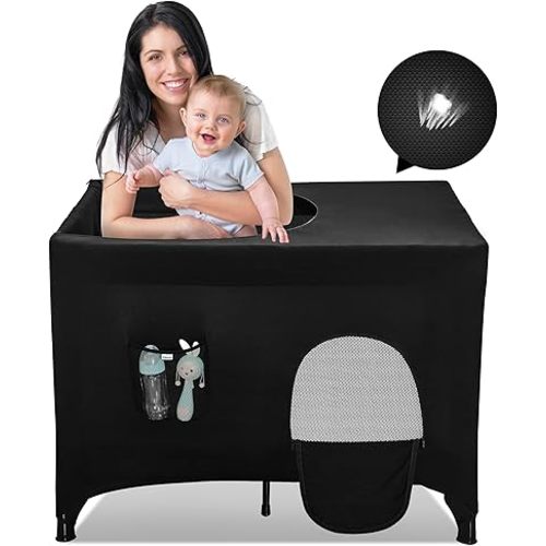 Pack n Play Blackout Cover for Travel Crib - Breathable Tent With Portable Stretchy Netting