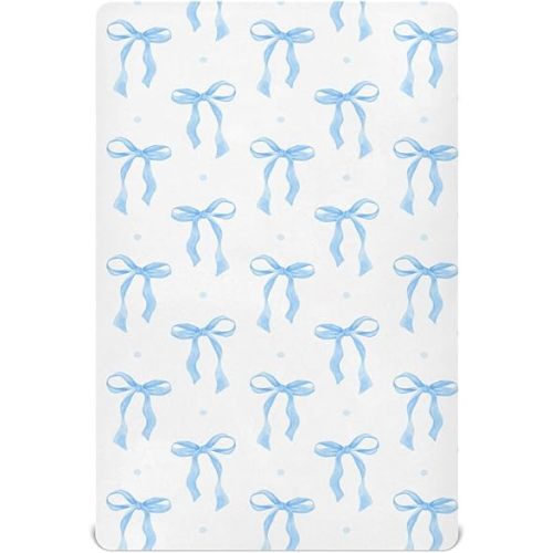 Fitted Crib Sheets Coquette Blue Bow Watercolor Stretchy Portable Playard Sheets for Baby Toddler, Breathable Soft Mini Crib Mattress 39 x 27 in for Boys and Girls