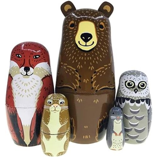 Nesting Dolls-Brown Cartoon Owl Bear Fox Raccoon Russian Nesting Dolls Wooden Matryoshka Doll Handmade Stacking Toy Set 5 Pieces for Kids