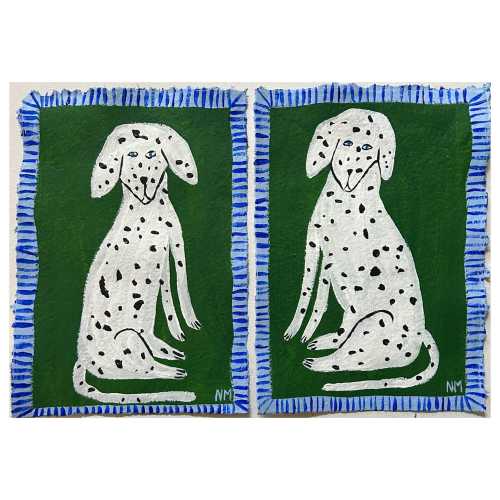 Two Dalmatians on green. Acrylic paintings. Set of two By Nancy Mckie. Original contemporary artwork.