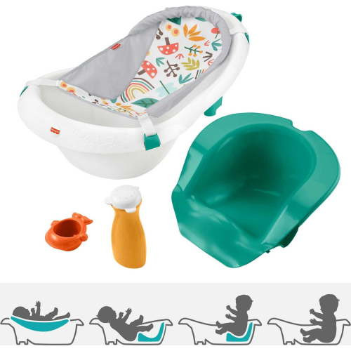 Fisher-Price 4-in-1 Sling n Seat Tub Baby to Toddler Bath with 2 Toys, Whimsical Forest, Plastic