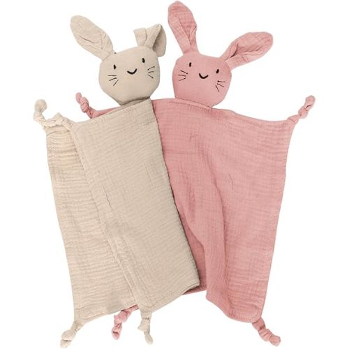 Organic Cotton Muslin Bunny Lovey Blanket, Soft & Breathable Security Blanket for Newborns, Unique Baby Gifts for Boys and Girls, 2 Pcs Set (Pink&Khaki)