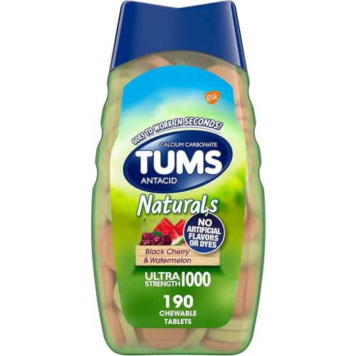TUMS Naturals Ultra Strength Antacid Chews for Heartburn Relief, Great for a Summer BBQ - Black Cherry & Watermelon - 190 Count