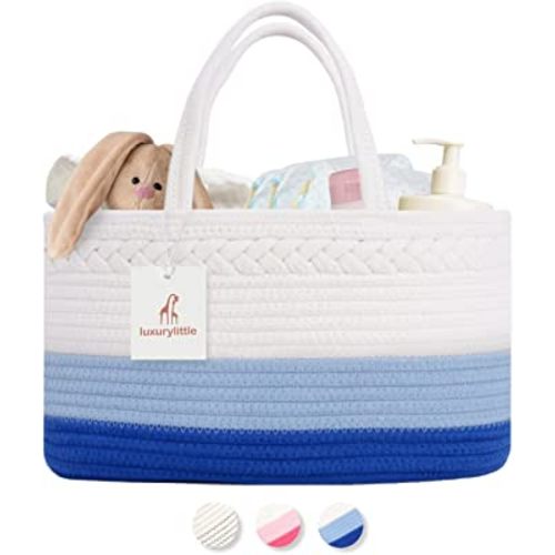 Baby Diaper Caddy Organizer, Extra Large Cotton Rope Nursery Diaper Basket, Changing Table Organizer, Portable Tote Bag with Divider, Car Storage, Baby Shower Gifts for Newborn Boys - Blue