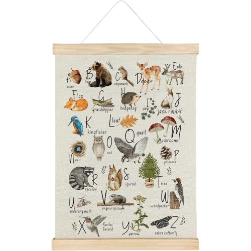 Qvapt Nursery Animals Alphabet Wood Poster Hanger 16×24,Wild Animals Nursery Art,Animal Classroom Decor,Wild Animal Alphabet Canvas Wall Art Decor For Toddler Playroom Dorm Bedroom Classroom