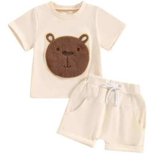 Baby Bear Outfit Toddler Boys Girls Embroidered Fuzzy Bear Shirt Tops Elastic Waist Jogger Short 2Pcs Summer Clothes