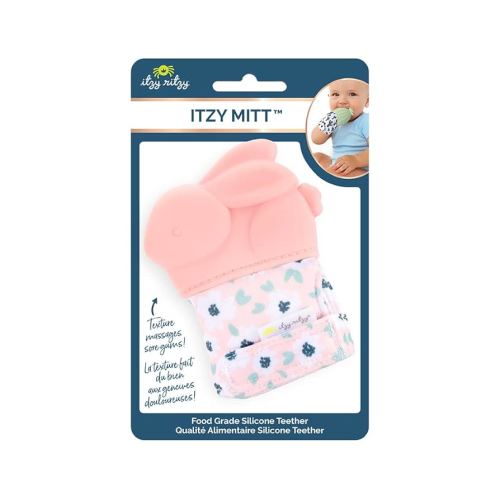 Itzy Ritzy Silicone Teething Mitt - Soothing Infant Teething Mitten with Adjustable Strap, Crinkle Sound & Textured Silicone to Soothe Sore & Swollen Gums - for Ages 3 Months & Up (Bunny)
