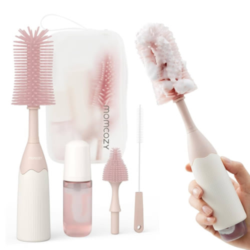 Momcozy Bottle Brush Kit, Innovative Push-Press Design for Better Cleaning - Baby Bottle Cleaner Brush for Baby Bottle, Breast Pumps, Nipples, and More - Can Generate Foam for Better Cleaning, Pink