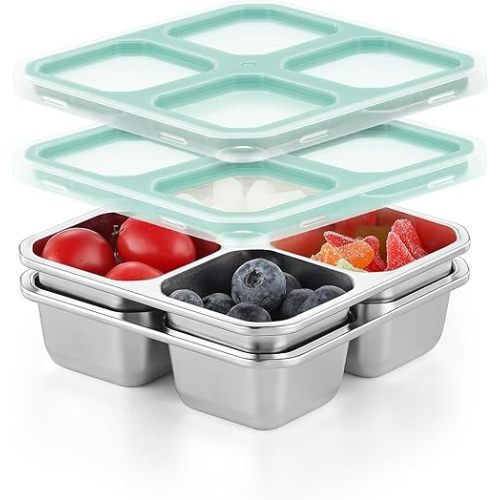 2 Pack Stainless Steel Snack Containers with Lids 4 Compartment Food Storage Containers for Adults Meal Prep Reusable for work or going out(blue, 2)