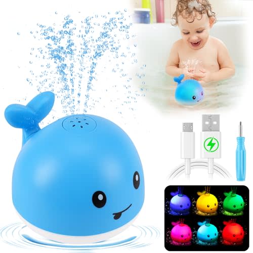 Gigilli Baby Boy Bath Toys, Light Up Whale Fountain Toys for Boys 0-6 6-12 12-18 Months or Kids Ages 1-3 2-4, Rechargeable Ocean Blue
