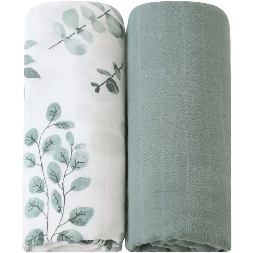 LifeTree Muslin Swaddle Blankets, 2 Pack Baby Swaddling Neutral Receiving Blanket for Boys & Girls, 70% Viscose from Bamboo & 30% Cotton, Large 47" X 47" Eucalyptus Leaves/Sage