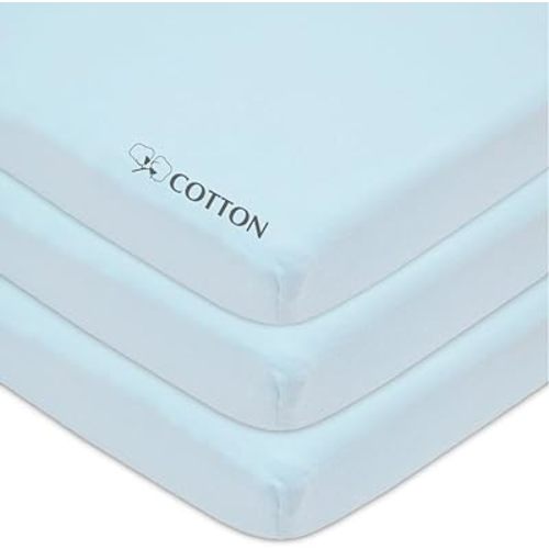 American Baby Company 3 Pack Fitted Mini Crib Sheet 24" x 38", Soft Breathable Neutral 100% Cotton Jersey Portable Sheet, Blue, for Boys and Girls, Fits Most Pack N Play Mattresses