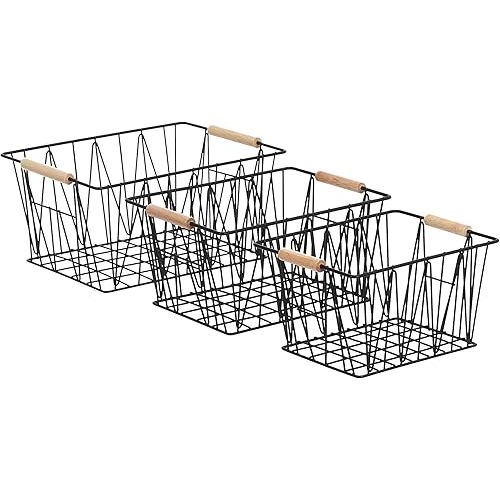 Amazon Basics Rectangular Wire Storage Baskets, Set of 3, Standard, Black