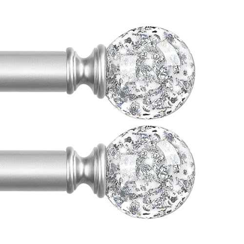 TVWOO 2 Pack Silver Curtain Rods for Windows 48 to 84 Inch,Adjustable Curtain Rod with Brackets,Heavy Duty Curtain Rods,Decorative Translucent Ball Drapery Rods,Modern Single Window Curtain Rod 36-88"
