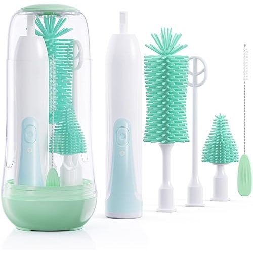 Festiva Electric Bottle Brush Cleaner - Baby Bottle Brush Set with Bottle Brush, Mixing Head, Nipple & Straw Brush, Baby Travel Essential, (Green)