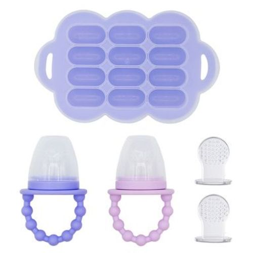 WeeSprout Silicone Baby Food Feeders + Freezer Tray for Batch Prep - Set of 2 (Bright Purple/Pastel Purple) + Bright Purple Tray